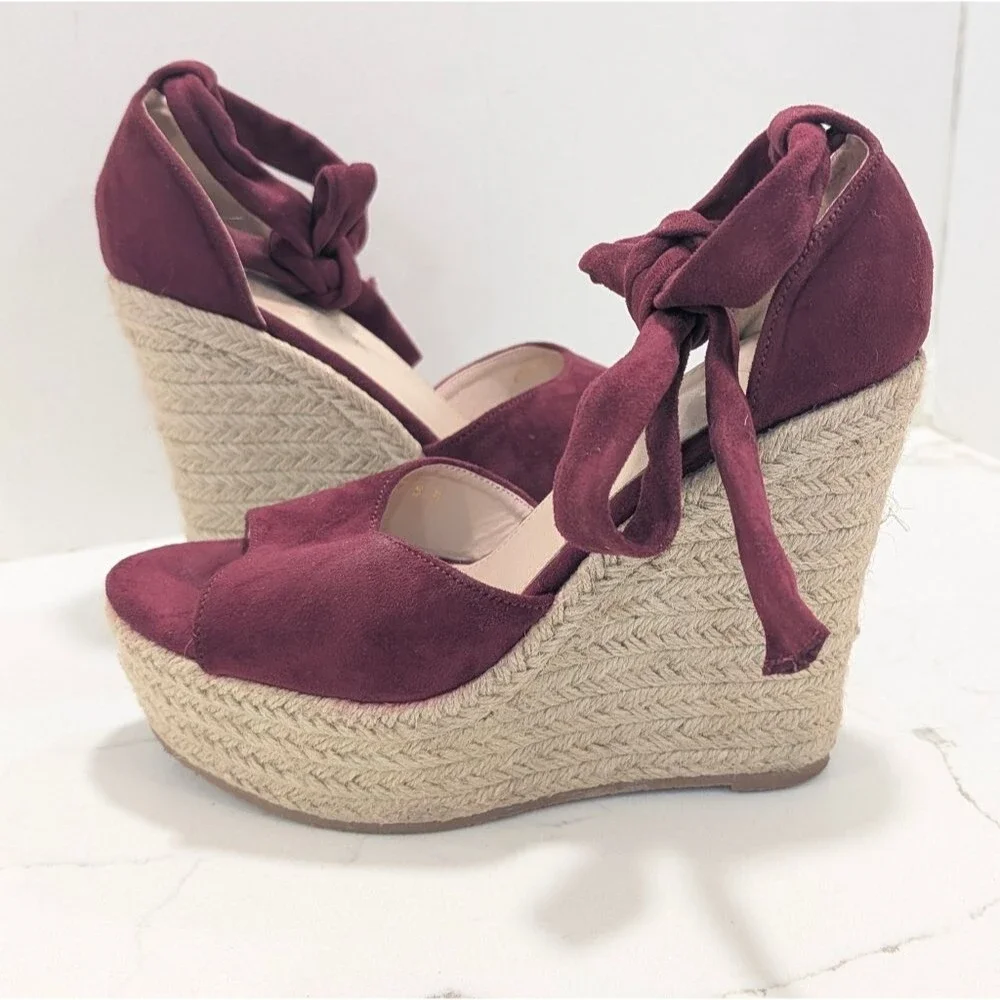 Alegra K High Heel Espadrilles Platform Strapy Tie Burgundy Suede Shoe Wedge 8.5